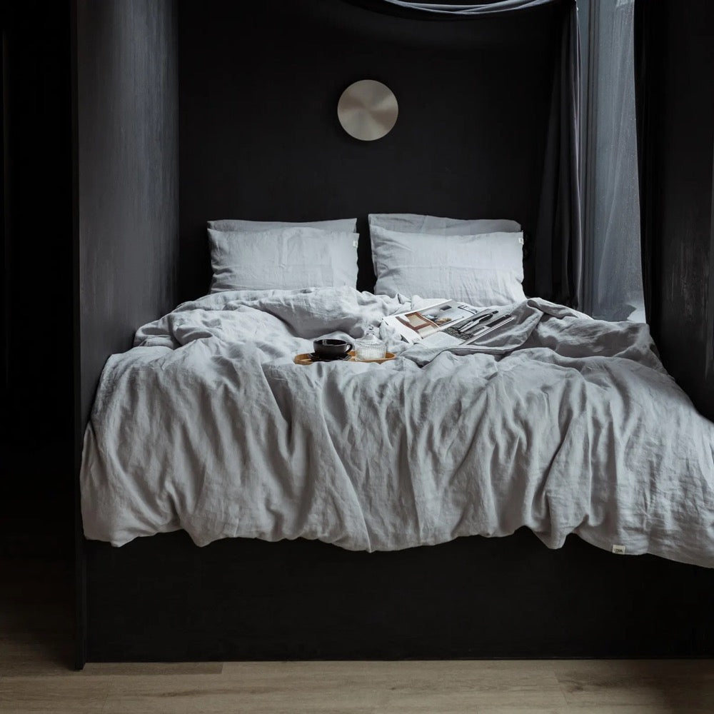 Light grey linen bedding set: comforter cover and 2 pillowcases, natural organic flax bed linens in queen, king, single