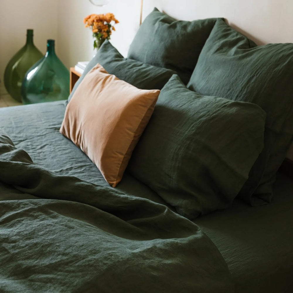 Forest green linen comforter cover with buttons in king, queen and other custom sizes, pure organic bed quilt cover