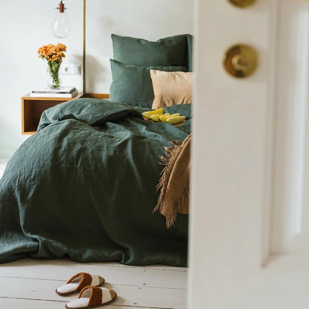 Forest green linen comforter cover with buttons in king, queen and other custom sizes, pure organic bed quilt cover