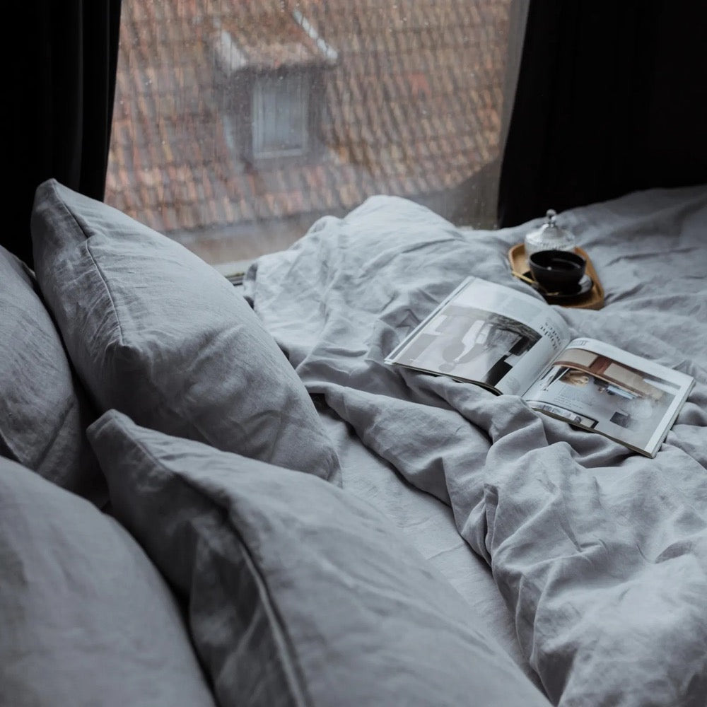 Light grey linen bedding set: comforter cover and 2 pillowcases, natural organic flax bed linens in queen, king, single