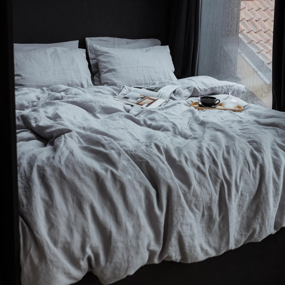 Light grey linen bedding set: comforter cover and 2 pillowcases, natural organic flax bed linens in queen, king, single