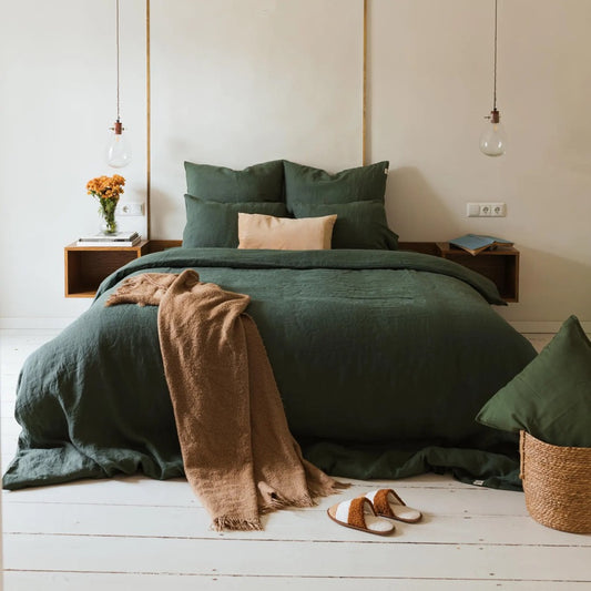 Forest green linen comforter cover with buttons in king, queen and other custom sizes, pure organic bed quilt cover