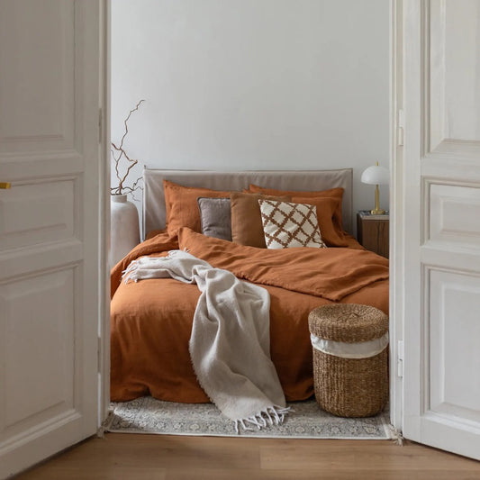Cinnamon linen bed set: 1 duvet cover and 2 pillowcases, natural 100% flax linen bedding in queen, king