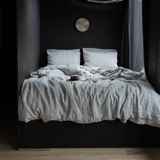 Light grey linen bedding set: comforter cover and 2 pillowcases, natural organic flax bed linens in queen, king, single