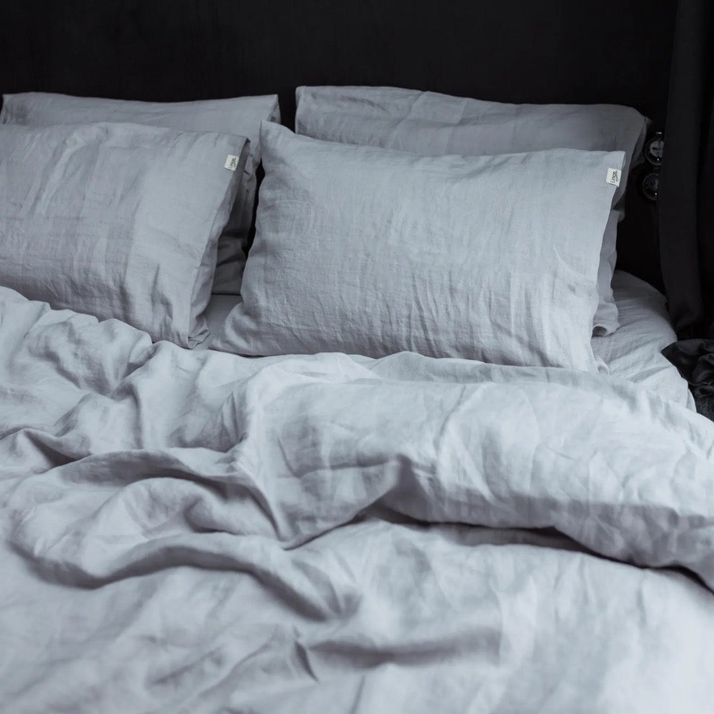 Light grey linen bedding set: comforter cover and 2 pillowcases, natural organic flax bed linens in queen, king, single
